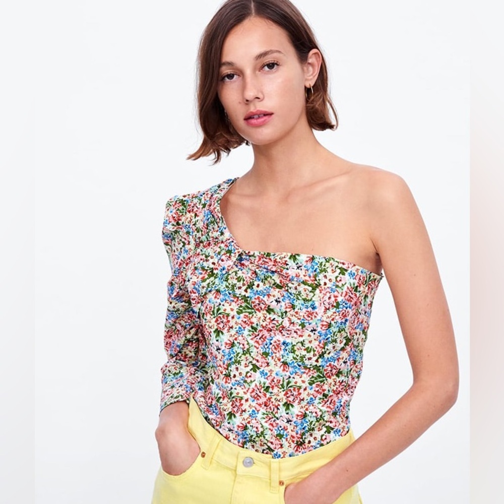 Zara Floral Asymmetrical One Shoulder Blouse